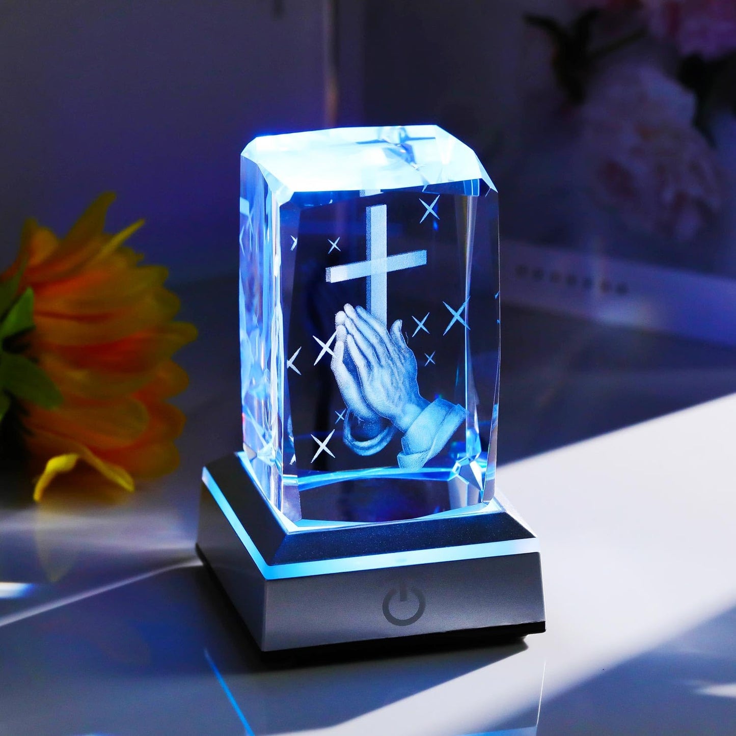 YWHL 3D Crystal Cross Figurine with Colorful Light Base, Laser Engrave Praying Hands Religious Gifts for Women Man, Christian Gifts for Friend