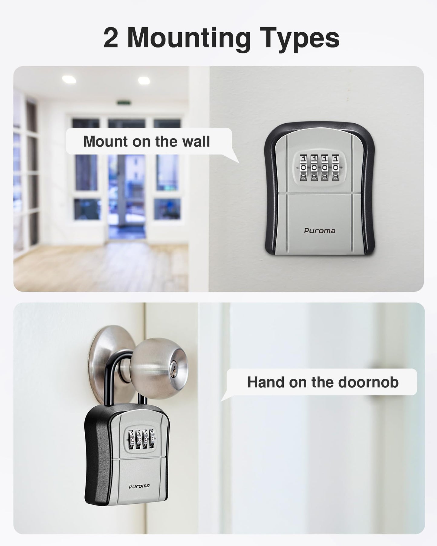 Puroma Key Lock Box, Portable Combination Lockbox Wall-Mounted Key Storage Box for House Keys, Resettable Code Safe Security Lock Box for Home, Office, Apartment Spare Key Storage (1 Pack, Gray)