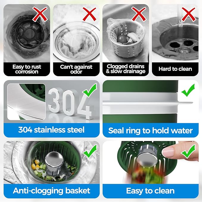 Upgraded 3in1 Kitchen Sink Drain Strainer & Sink Stopper, Stainless Steel