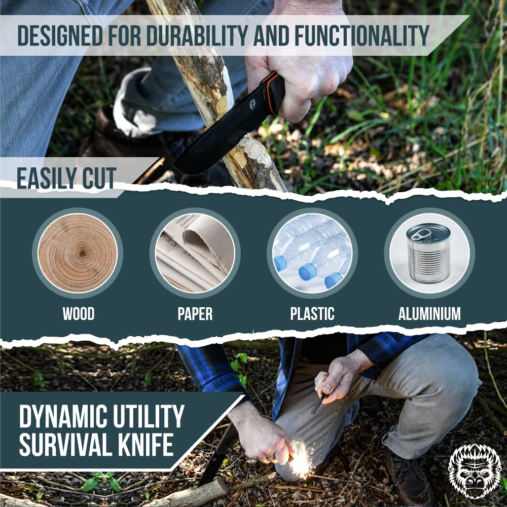 Holtzman's Gorilla Survival Bushwhacker Fixed Blade Knife with Fire Starter, G10 Scraper, and Paracord (Black) - Ideal for Camping and Survival