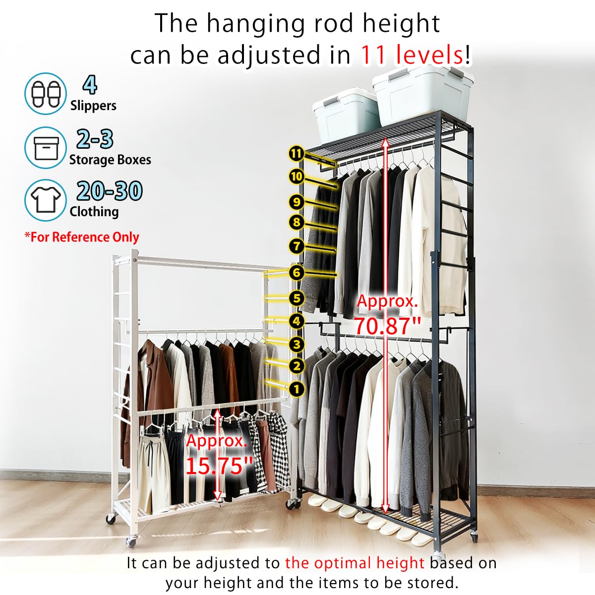 lumizone Folding Clothing Rack with Wheels Expandable Wardrobe Portable Clothes Rack for Hanging Clothes Adjustable Closet Shelves Garment Rack Durable Closet Racks for Hanging Clothes (Pro Black)