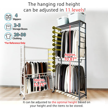lumizone Folding Clothing Rack with Wheels Expandable Wardrobe Portable Clothes Rack for Hanging Clothes Adjustable Closet Shelves Garment Rack Durable Closet Racks for Hanging Clothes (Pro Black)