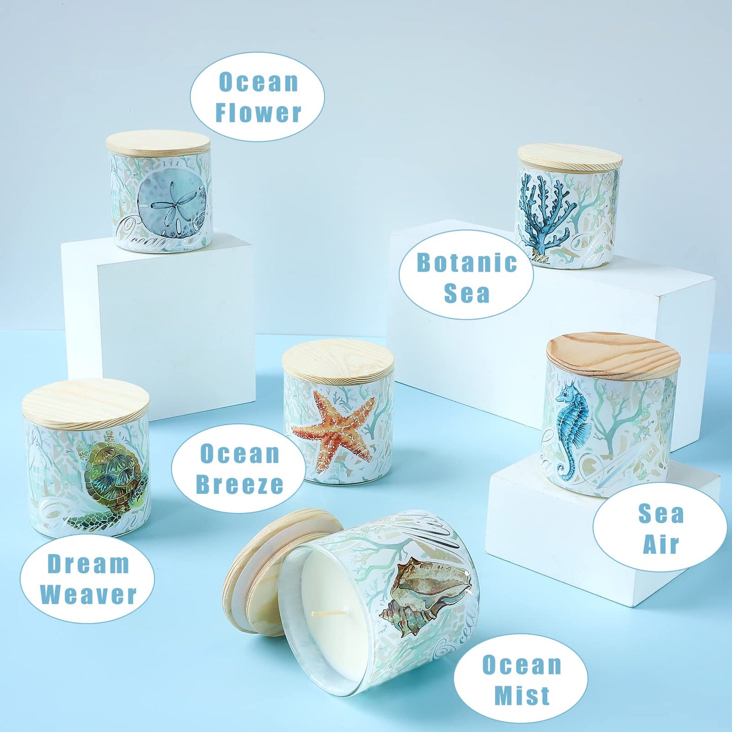 Jar Candles Scented with Lid Gift Set of 6 Ocean Theme Glass Jar Different Fragrance Soy Wax Aromatherapy Candles Take Harsh Smells Away Candle for Home Scented Stress Relief Relaxation
