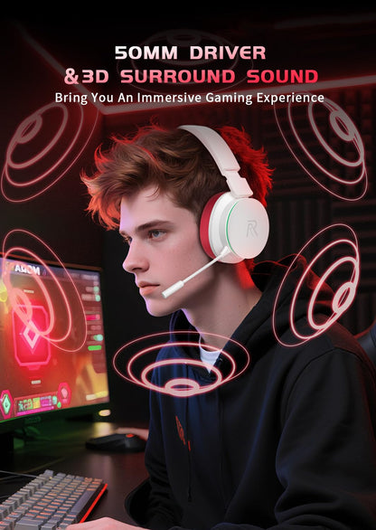 RYR Wireless Gaming Headset for Xbox Series X|S, Xbox One, PS5, PS4, Mac, Bluetooth 5.3, 3D Surround Sound, Rotatable Earmuffs, Gaming Headphones with Noise Canceling Microphones, White-Red