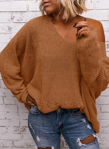 BZB Women's V Neck Long Sleeve Knit Loose Oversized Pullover Sweater Top