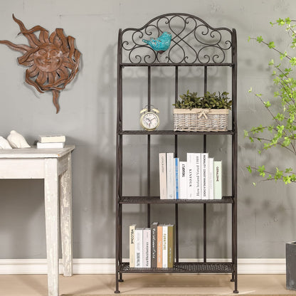 XAONIEN Antique Bronze Four-Tiered Metal Baker's Rack,Free Standing Book Shelves Plants Stand for Kitchen Patio Front Porch Dining Room Living Room,27" X 14" X 65"