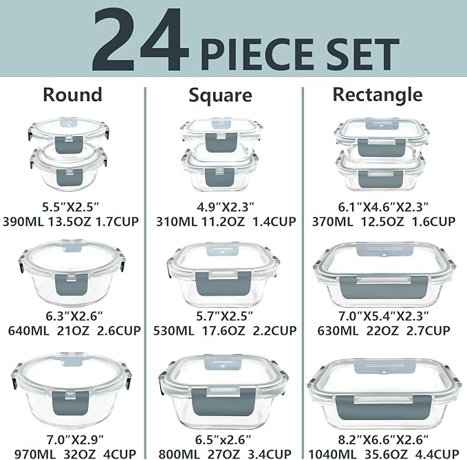12 Pack Glass Food Storage Container Set