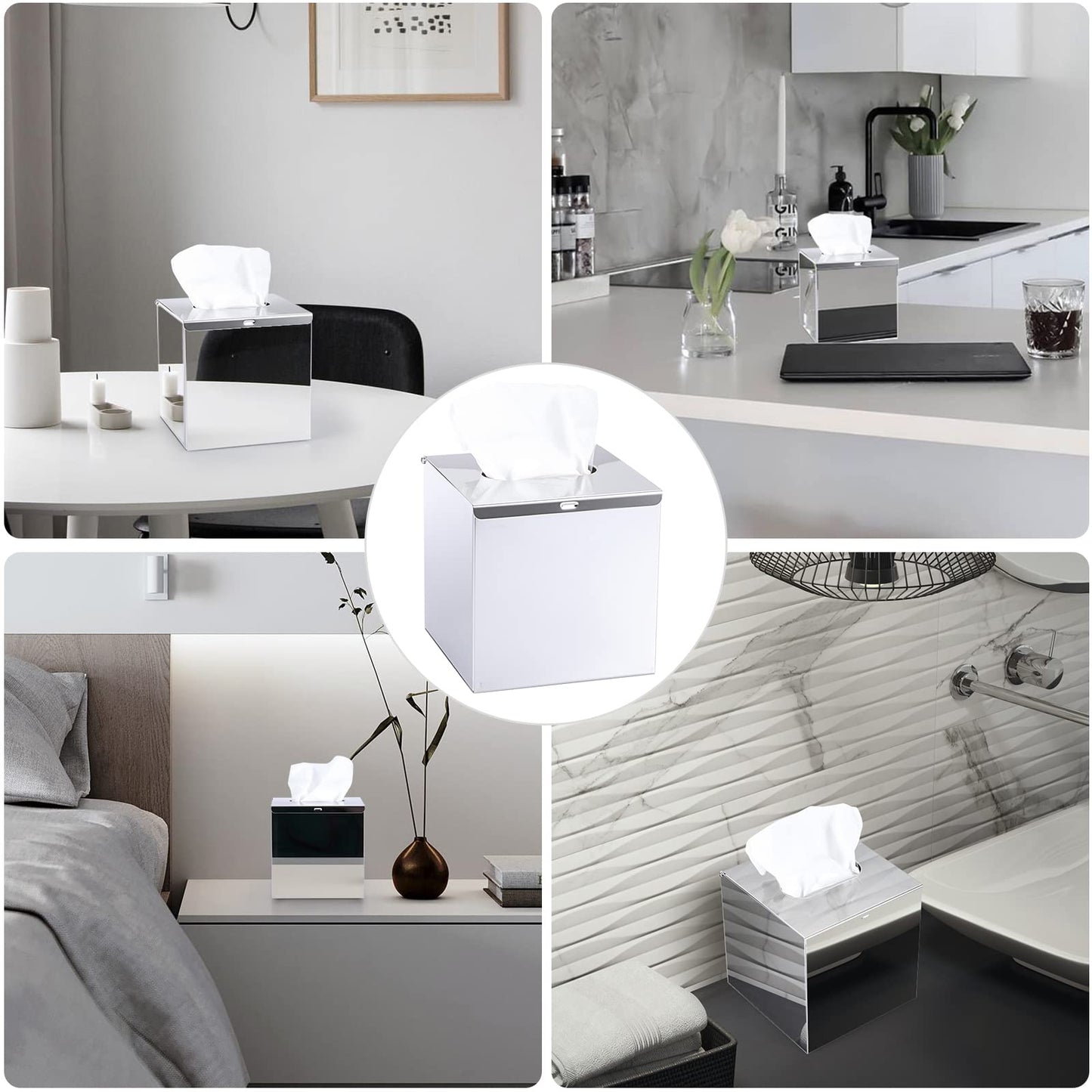 Sumnacon Square Stainless Steel Tissue Box Cover - Wall Mounted Stylish Paper Facial Cover, Modern Metal Tissue Box Holder for Bedroom/Bathroom/Vanity/Countertop/Dresser/Night Stand/Office/Car, Polish