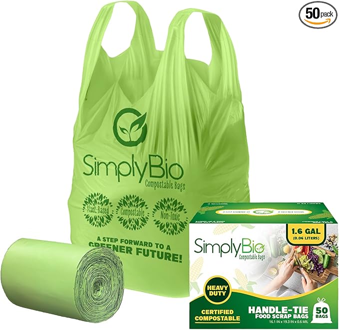 Simply Bio 1.6 Gallon Compostable Trash Bags Liners Handle, Heavy Duty Extra