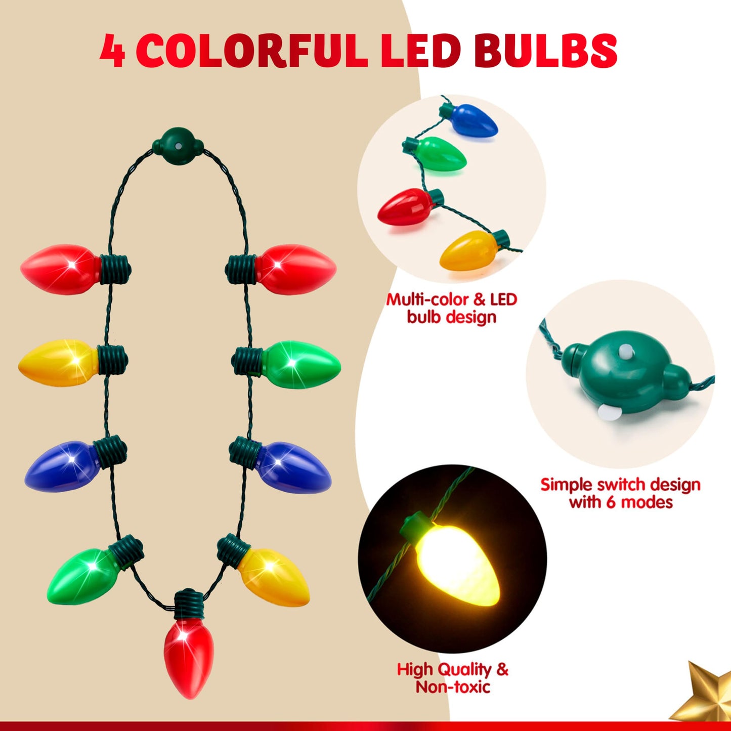 JOYIN 1 Pack Christmas Necklace LED Light Up Necklace 9 Bulbs 6 Modes LED Holiday Costume Accessories for Christmas Xmas Party Favor Party Supply