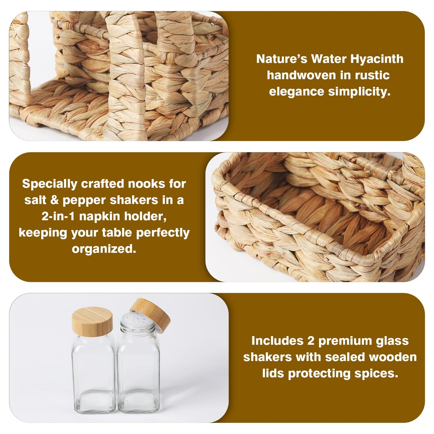 Napkin Holder for Table with Salt and Pepper Shakers, Natural Woven Water Hyacinth Includes 2 Glass Shakers, Tabletop Organizer for Kitchen, Home, Dining and Bar