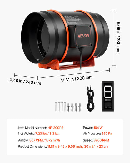 VEVOR Inline Duct Fan, 807 CFM 8 inch EC Motor Ventilation Fan with 3-Speed Circulation, 10-Speed PWM Controller, Timer-Controlled Operation, Cooling for Grow Tents, Indoor Gardening, Hydroponics