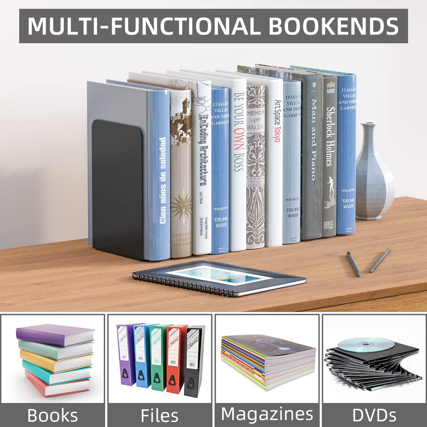 VFINE Metal Bookends 2 Pairs, Black Book Ends, Bookends for Shelves, Book Stopper for Heavy Books, Book Dividers for Home Office School Supplies