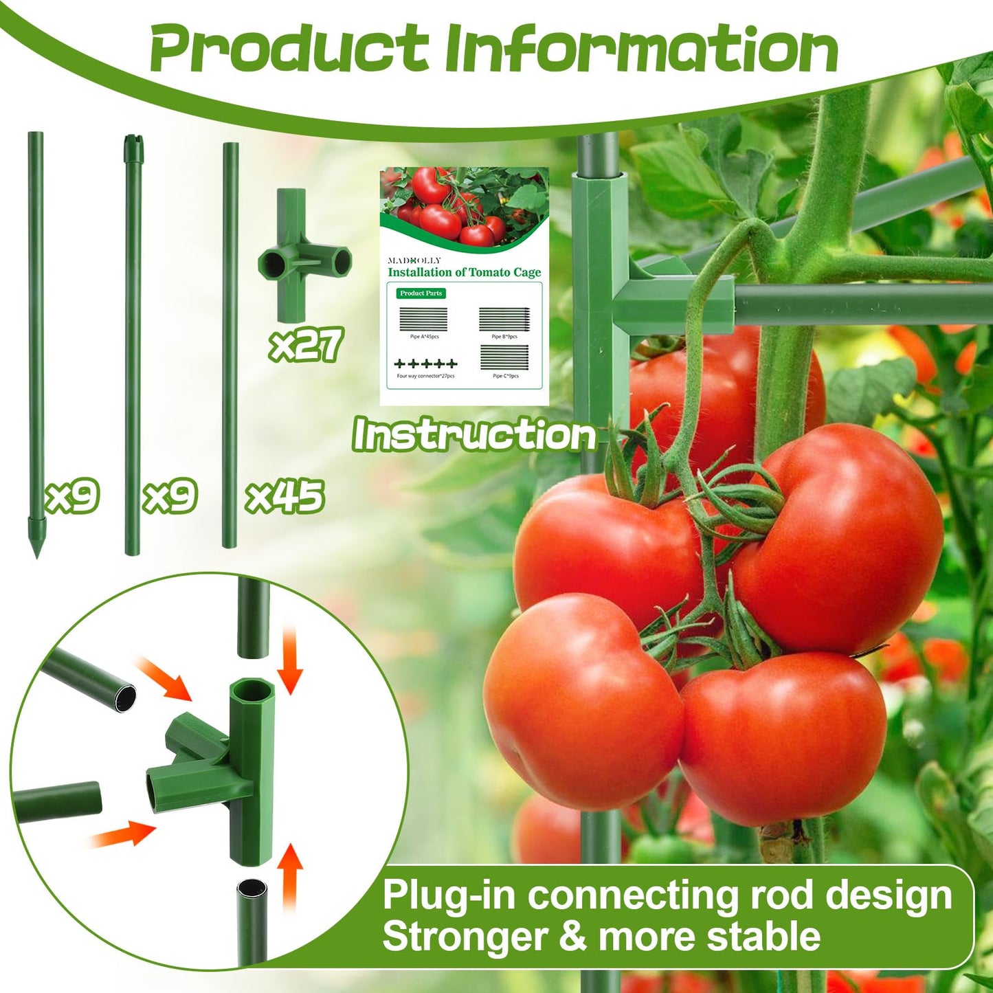 Sturdy Triangle Tomato Cage for Raised Garden Bed - 3 Sets 45'' Adjustable Garden Trellis Planters, Support for Outdoor Beans, Peppers, Cucumbers, Eggplants, Climbing Plants