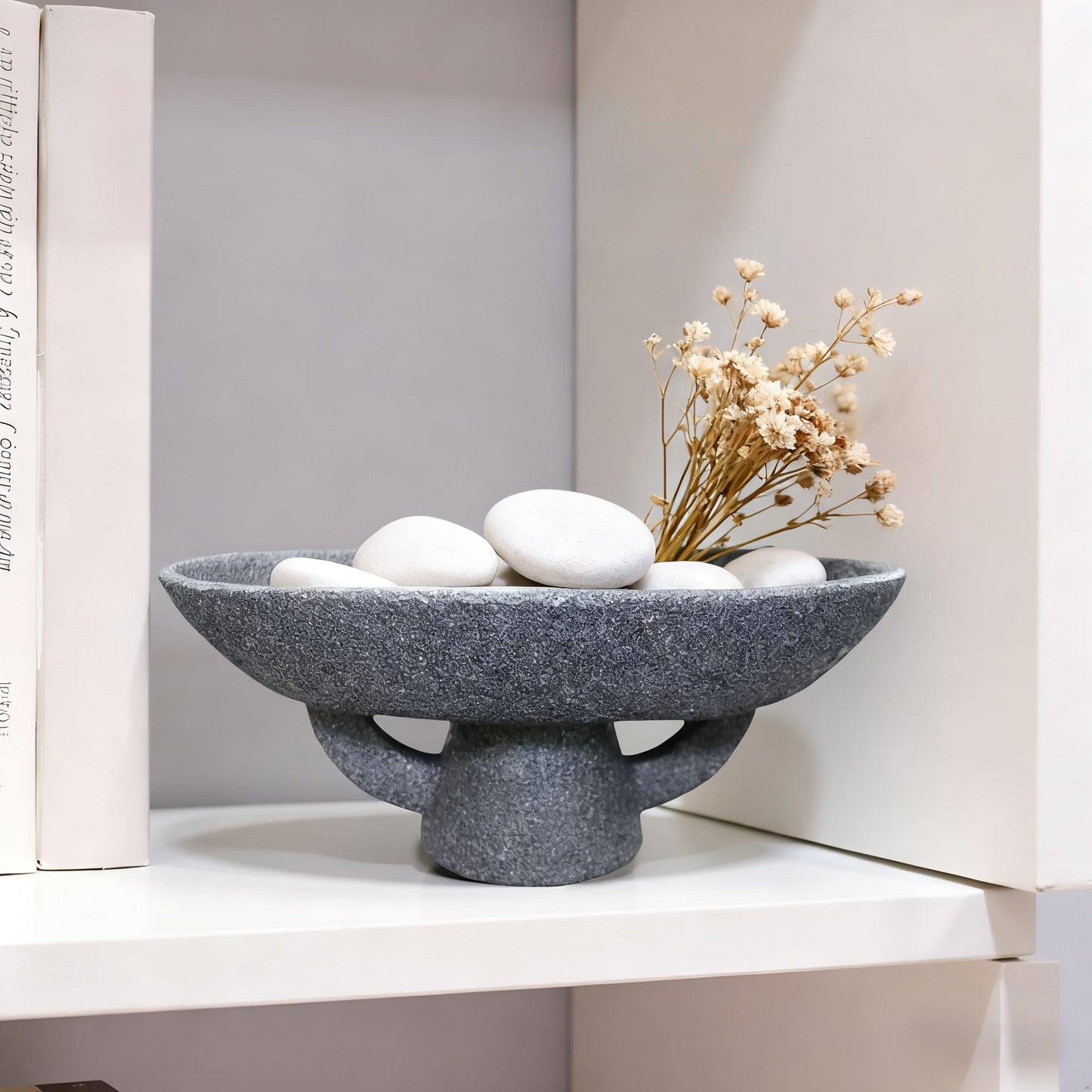 Boho Modern Decorative Bowl decor - Multi functional modern home Pedestal decoration bowl,Handicraft Bowls,Stylish Key Bowl for Entry Table,Fruit Bowls for Kitchen Counter,Artificial Stone Black