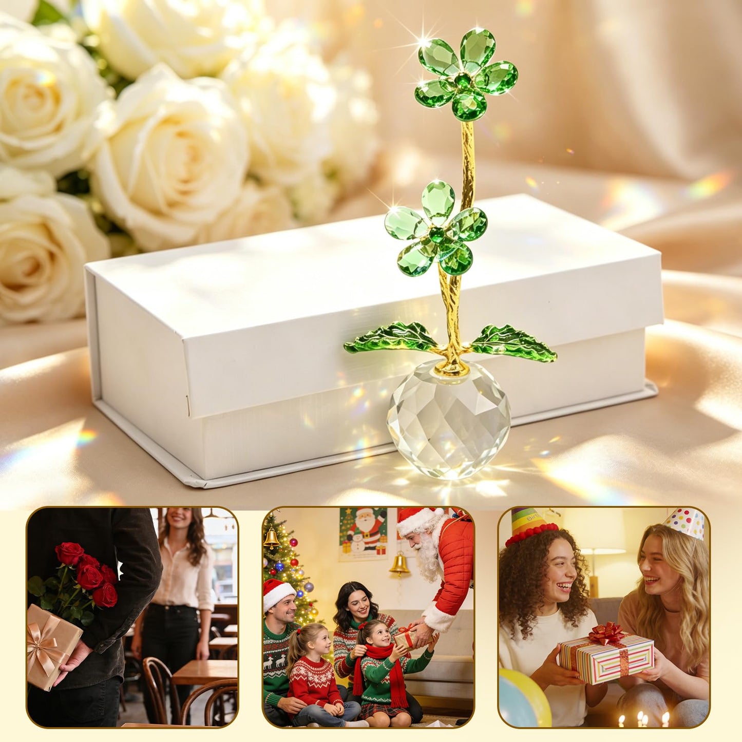 Anxingo Crystal Flower Figurine with Vase, Handmade Eternal Glass Daisy Flower with Gift Box, Romantic Collectible Gift for Women on Birthday Wedding Anniversary Christmas Home Decor(Green)