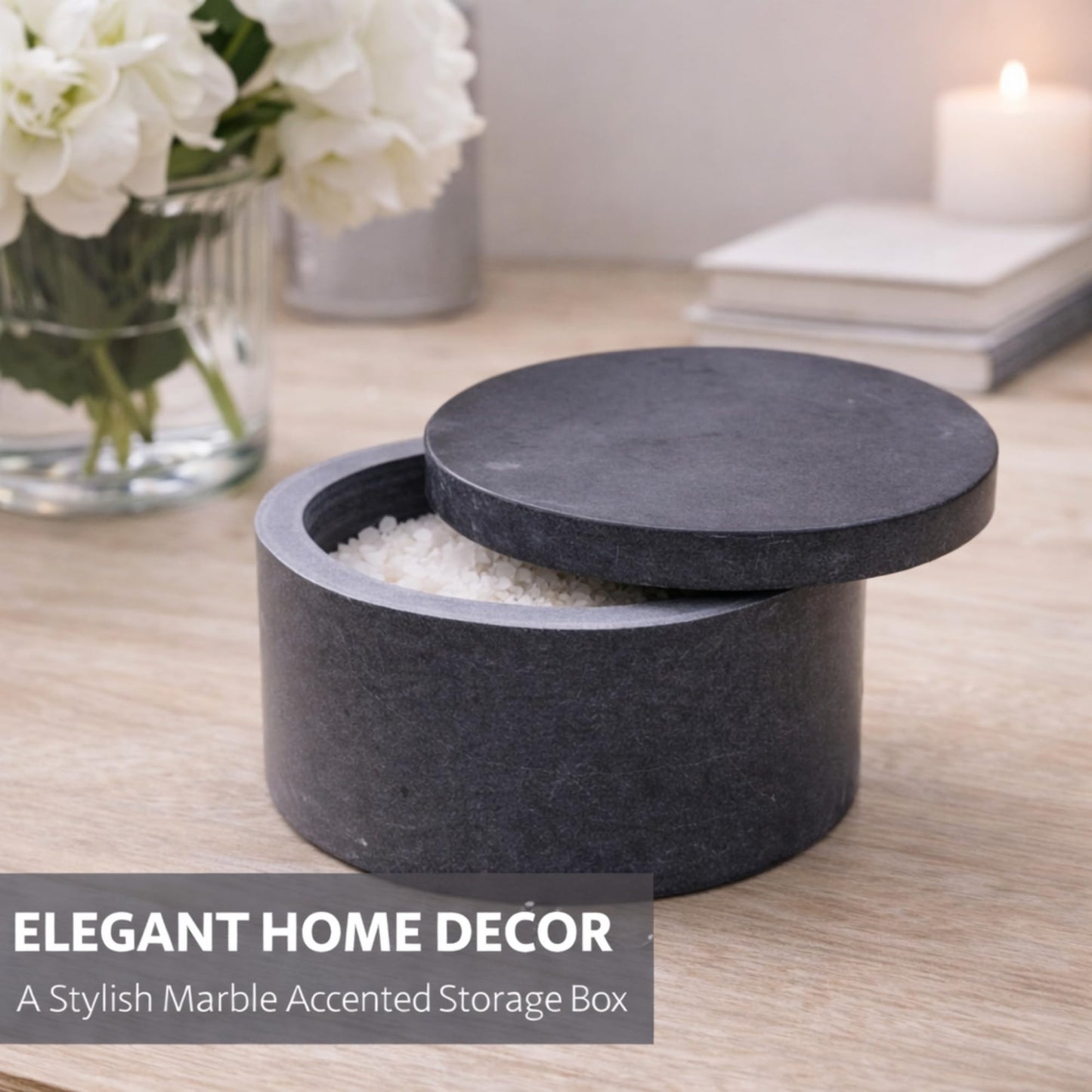 KC KULLICRAFT Unique Salt and Pepper Box Elegant Round Marble Salt Box With Lid For Salt, Spice and Herbs Storage. Perfect Container To Store. (3.5" x 2" Inches)