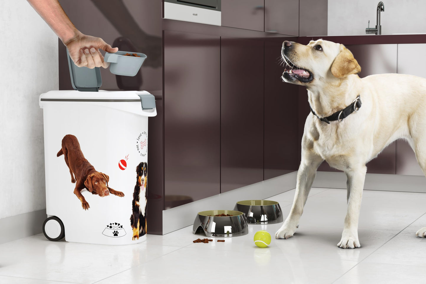 Curver 241093 Food Container 20 kg I 54L White/Grey/Love Pets Dogs 49.3 x 27.8 x 60.5 cm
