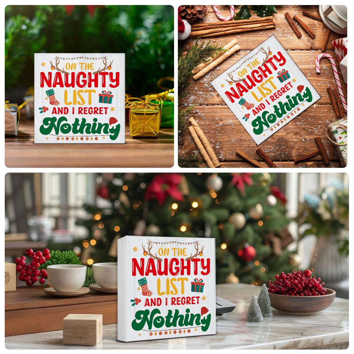 Funny Christmas Decor, Christmas Farmhouse Art Home Decorations, Plaque on the Naughty List and I Regret Nothing Black Wooden Sign Rustic Home Shelf Desk Decor 5 x 5 Inches