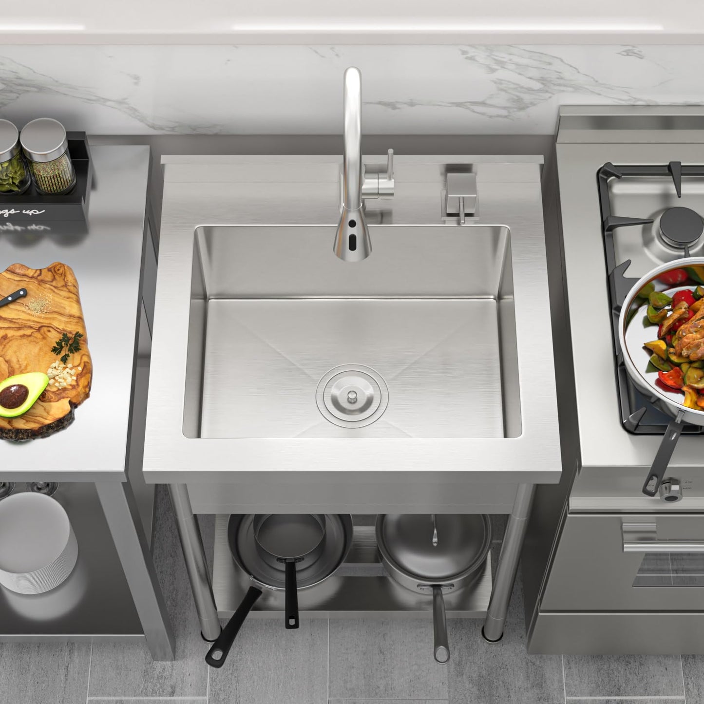 Sarlai Stainless Steel Utility Sink Freestanding Commercial Restaurant Kitchen Sink Outdoor Sinks Single Bowl Laundry Utility Kitchen Sinks With Faucet for Garage Outdoor Indoor Basin