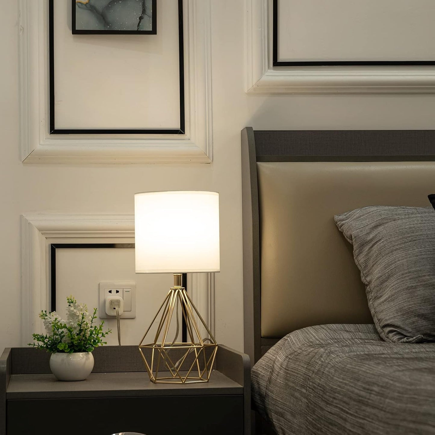 COTULIN Gold Modern Hollow Out Base Bedroom Small Table Lamp,Bedside Nightstand Lamp with Geometric Metal Base White Fabric Shade,Cute Desk Lamp for Kids Living Room