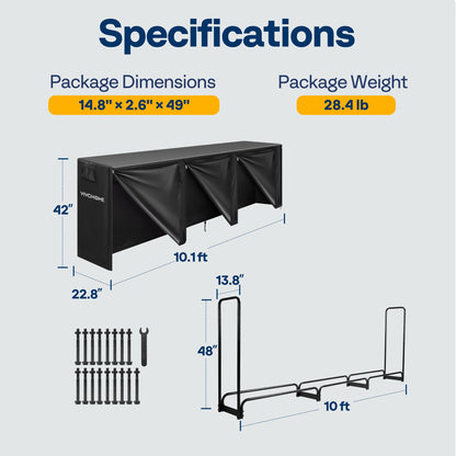 VIVOHOME 10ft Heavy-Duty Firewood Rack with Cover, Outdoor Log Holder Combo, Black and Upgraded 12ft Heavy-Duty Firewood Rack with Cover, 4400lb Capacity Log Holder, Black