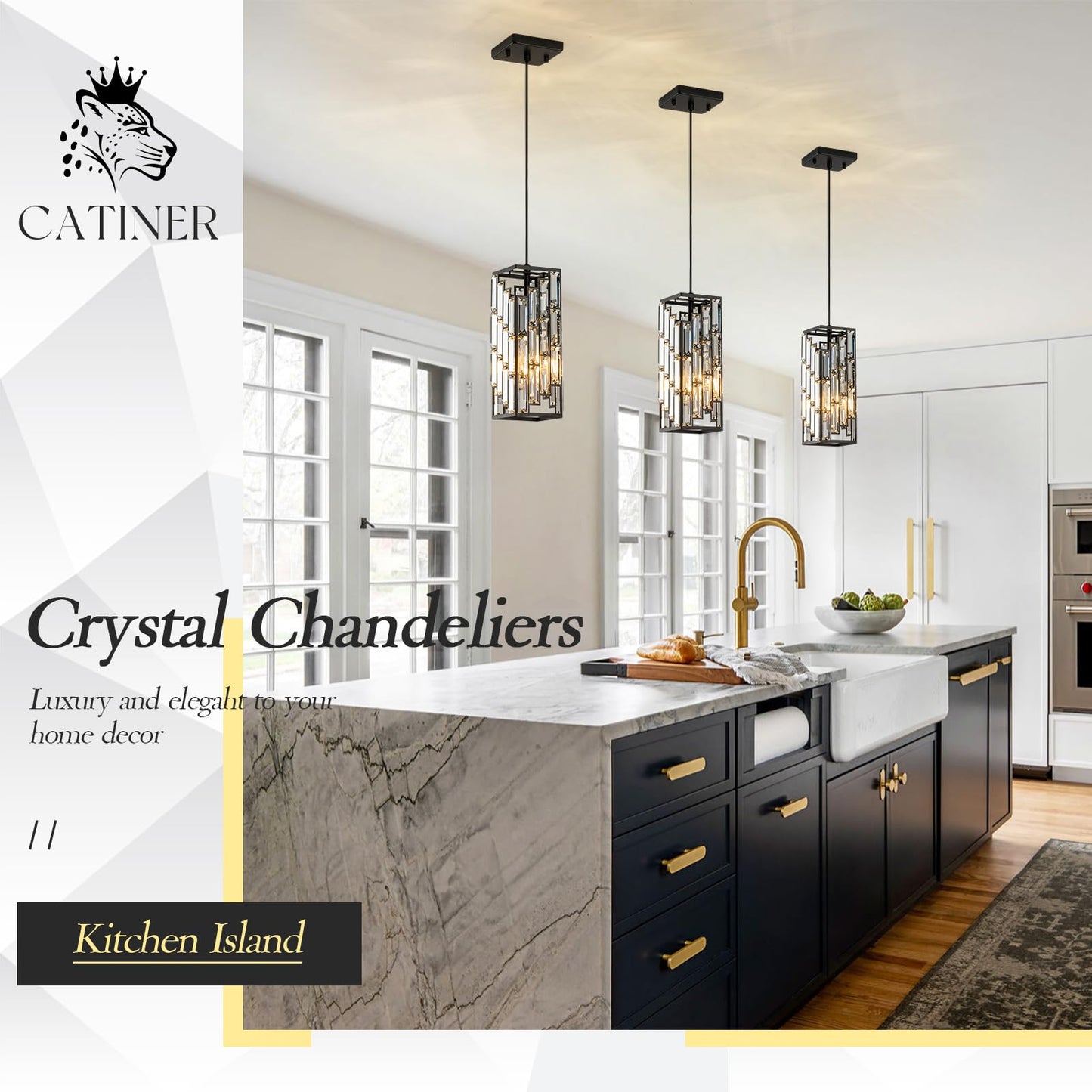 CATINER Black Crystal Pendant Light, Mini Hanging Light Fixture with Adjustable Cord, Modern Industrial Pendant Lighting for Kitchen Island, Dining Room, Bedroom, Hallway, E26 Base (1 Pack)