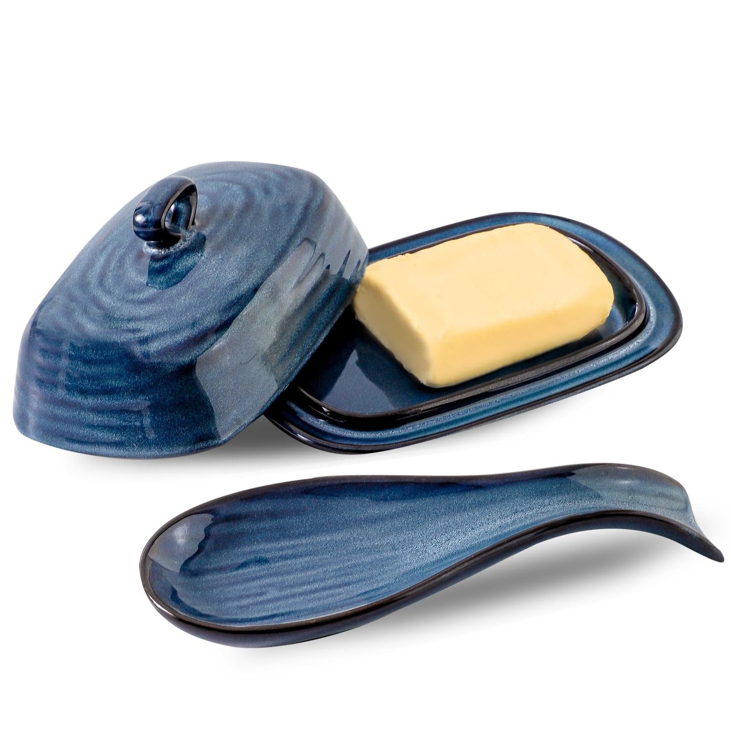 Hasense Butter Dish with Lid and Ceramic Spoon Rest Set for Countertop, 2 Pieces Navy Reactive Glaze Dinnerware Accessories Set Perfect for Home Decor, Kitchen Housewarming Gift, 8.7 Inch