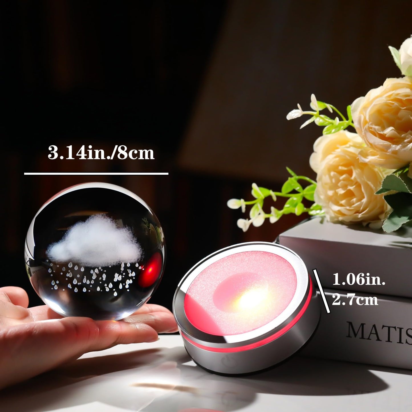 Arikyrist 3.15in. 3D Cloud and Rains Crystal Ball Gifts for Women Men, K9 Crystal Decorative Ball Engraved Cloud and Rains Figurine Paperweight with LED Light Base for Home Office Decoration