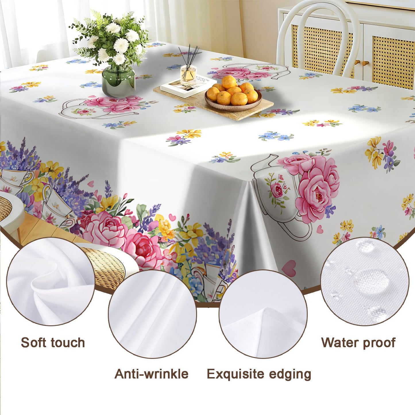 GAGEIZO Reusable & Waterproof Rectangular Tablecloths for Kitchens, Parties, Birthdays, Patios, and Outdoor Events Decorations Floral Table Cloth,6FT/102 x 60 Inch