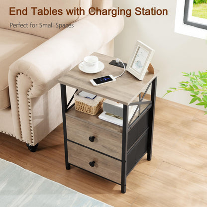 AMHANCIBLE Night Stand, Nightstand with Charging Station, End Tables Living Room with Fabric Drawer, Bedside Table with USB Ports and Outlets for Small Spaces Bedroom, Greige HET05XGY1