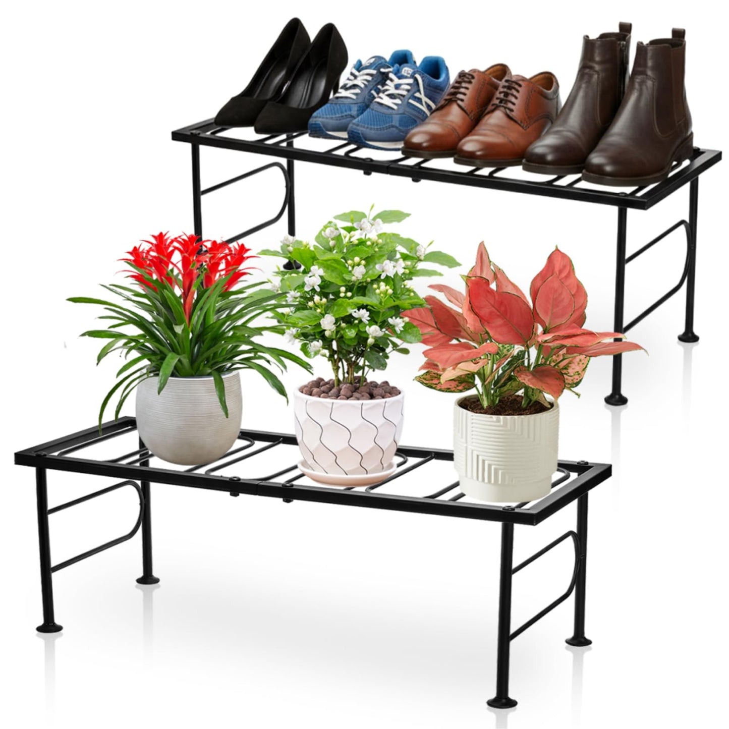 YIMITEE 2 Pack Metal Plant Stand Indoor Outdoor, 1 Tier Heavy Duty Flower Pot Stands, Space-Saving Ladder Planter Holder, Decorative Flower Display Rack for Patio Living Room Garden Corner Balcony