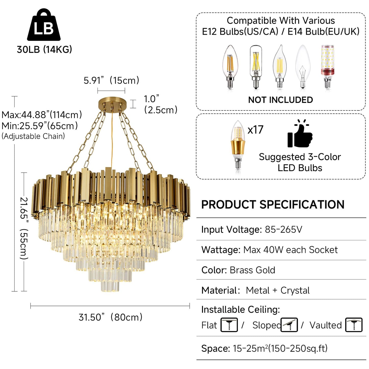 AOOCHOK Modern Crystal Chandelier Gold Pendant Light Fixtures, Round Crystal Pendant Lighting for Living Room, Dining Room, Bedroom, Restaurant, E12 x 12, Φ30inch