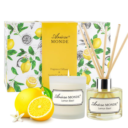 Reed Diffuser & Scented Candle Gift Set, Lemon Basil Oil Diffuser Sticks, Fragrance Diffuser & Soy Wax Candles in Glass Jar, Natural Soy Candles Gifts for Home Decor
