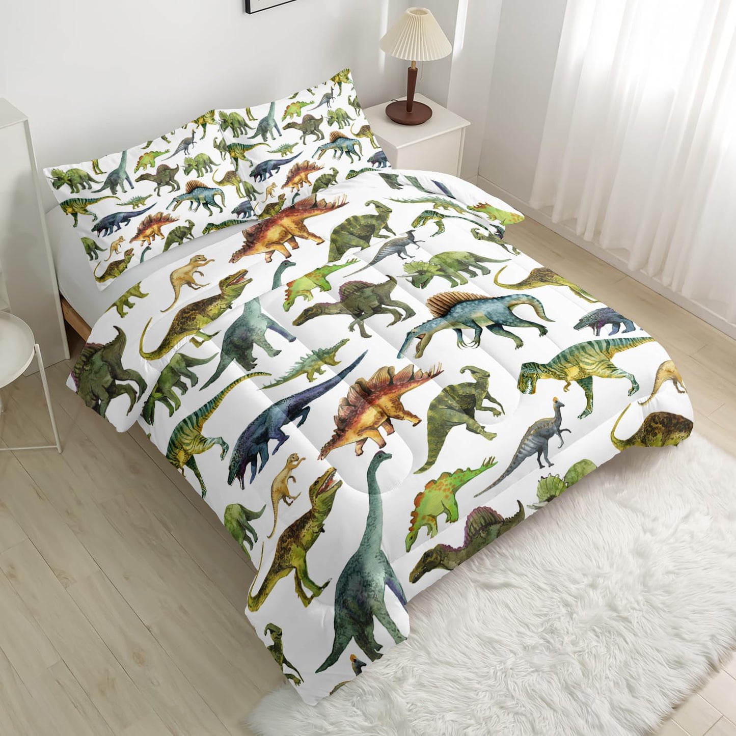 Nttopship Dinosaur Comforter Sets Twin Size，Dinosaur Printed Quilt Set for Bedroom Soft Microfiber All Season Print Quilt Set with 1 Comforter and 2 Pillow Case