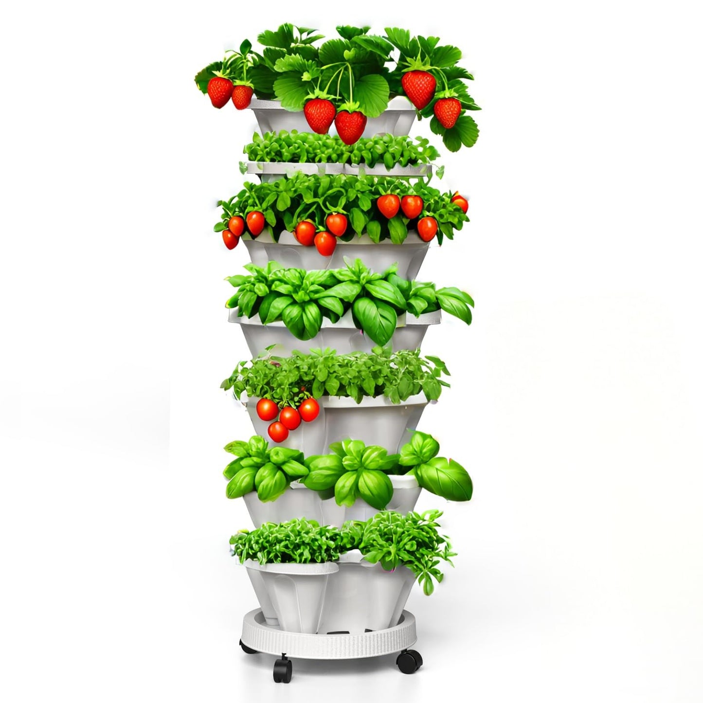 Lykvrii Strawberry Planters, 7 Tiered Vertical Stackable Planter, Herb Stacking Tower Garden, Flower Vegetable Planters with Support Pole, Indoor & Outdoor with Removable Wheels - White