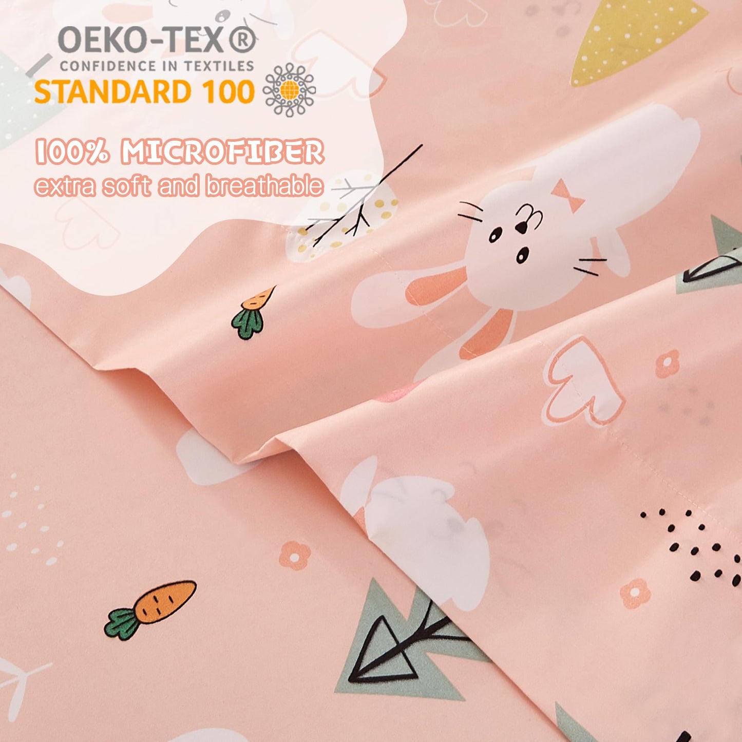 Yibeizi Pink Bunny Full Size Sheet Set for Girls, Kids Cute Bedsheet Microfiber Deep Pocket Bedding Sheets & Pillowcases 4 Pieces