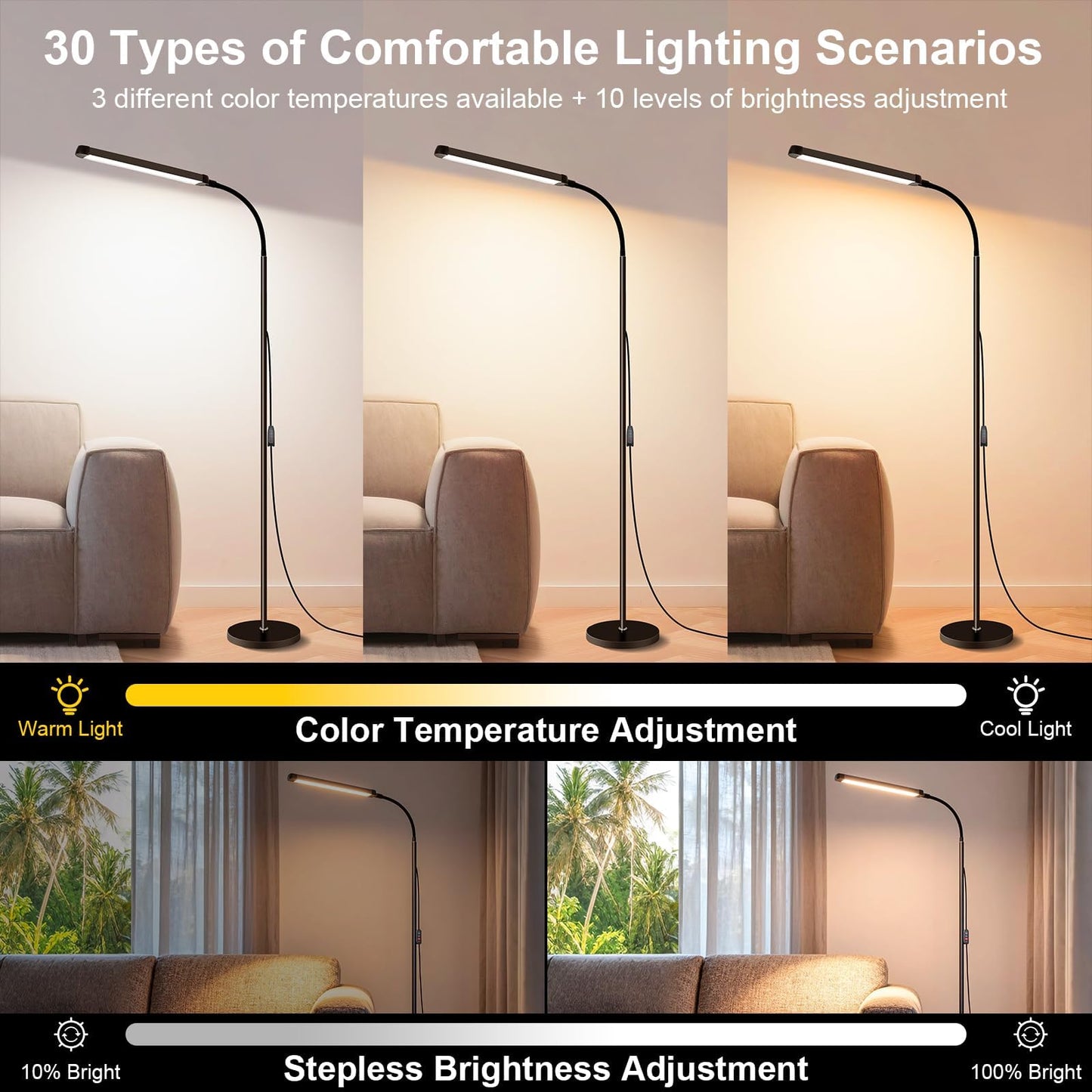 Bright 12W LED Flicker-Free Eye Protection Dimming Floor Lamp,3000-6000k,Gooseneck adjustable Standing Reading Lamp for Living Room Bedroom Bedside Office Classroom Task Craft, Black Modern Light