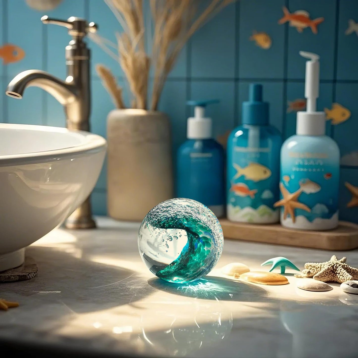 JUYOULE Hand Blown Glass Figurines Ball: Ocean Wave Design Glass Paper Weights, Beach Decorations for Home - Unique Ocean Themed Bathroom Decor and Gift for Ocean Lovers