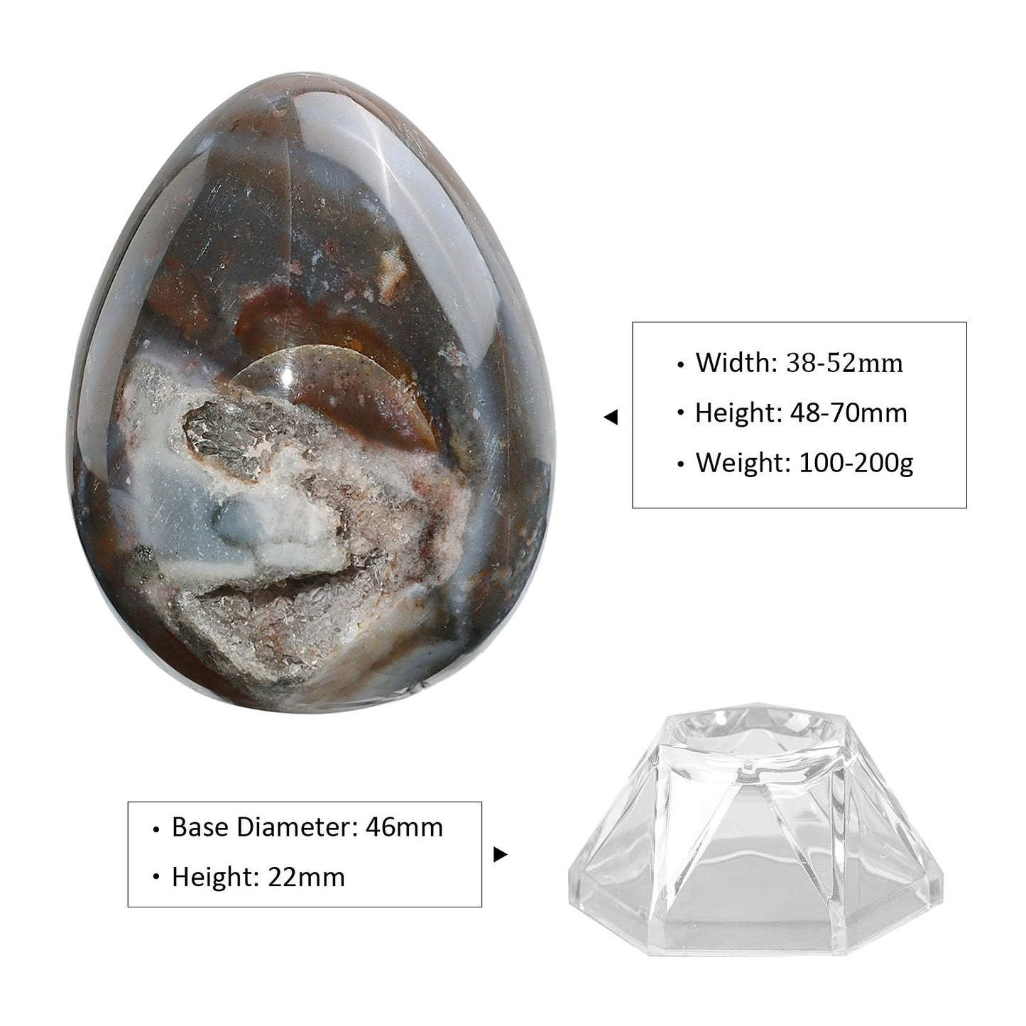 mookaitedecor Natural Ocean Japser Crystal Egg Decor, Polished Geode Stone Egg with Acrylic Stand for Easter Home Tabletop Display, 48-70 mm High, 100-200g
