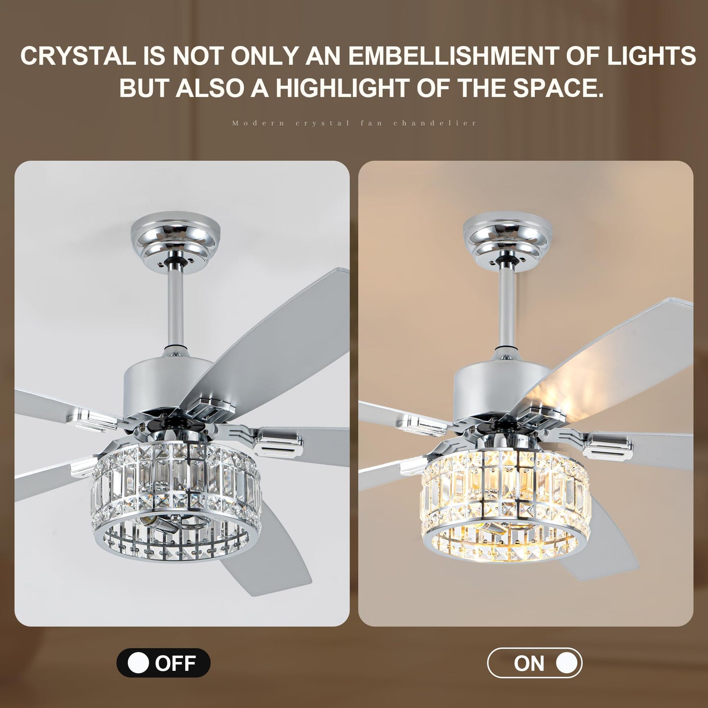 Esiovco Chandelier Ceiling Fans with Lights and Remote,Caged Ceiling Fan with Light,App 5 Blades E26 Fandelier Ceiling Fans with Lights,Crystal Ceiling Fan for Bedroom,Living Room. (Nickel, 60 Inch)