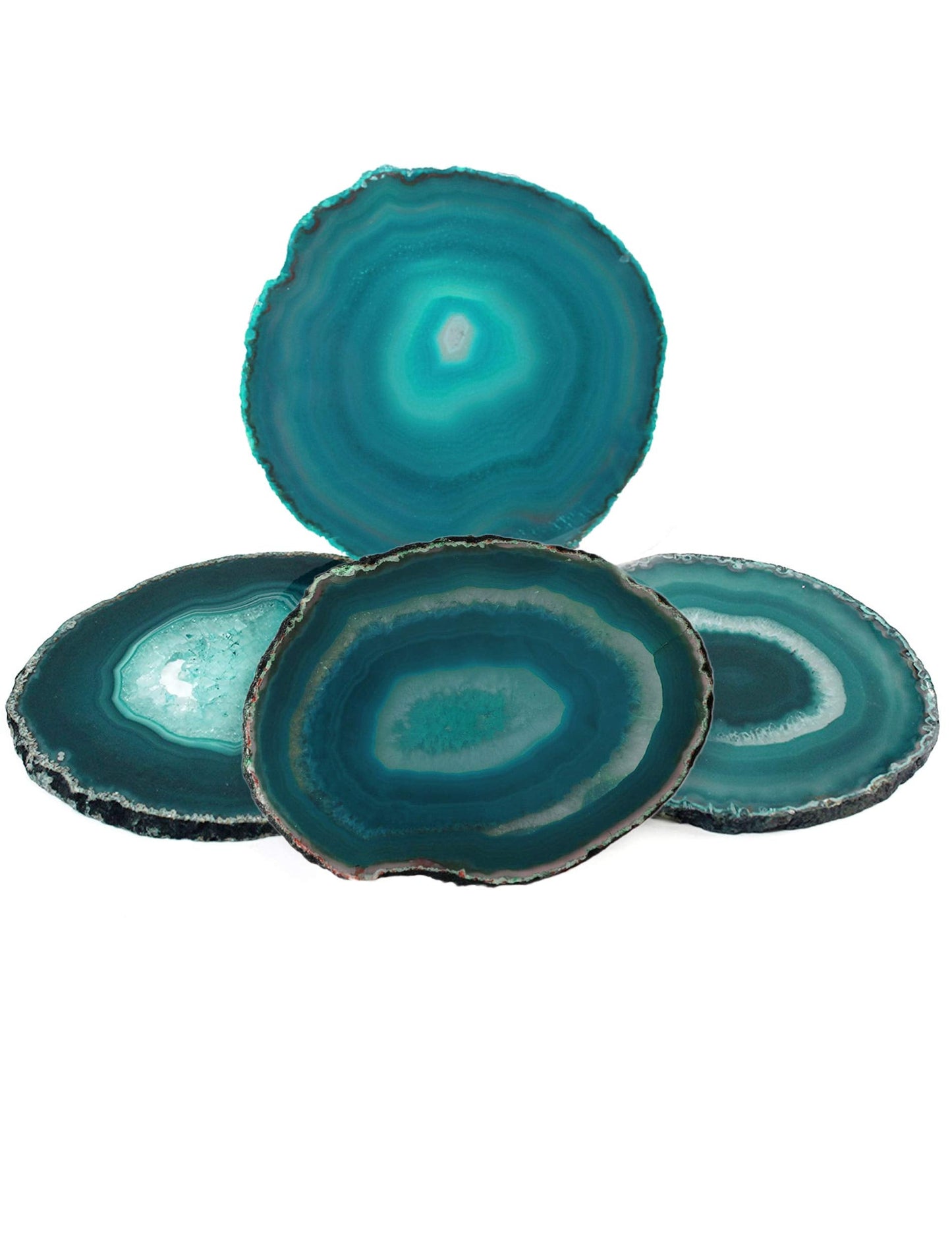 AMOYSTONE Teal Agate Coasters Set of 4, 3-3.5 Inch Handcrafted Slices, Lightweight Stone Coasters, for Teen Girl, College Dorm Room Decor