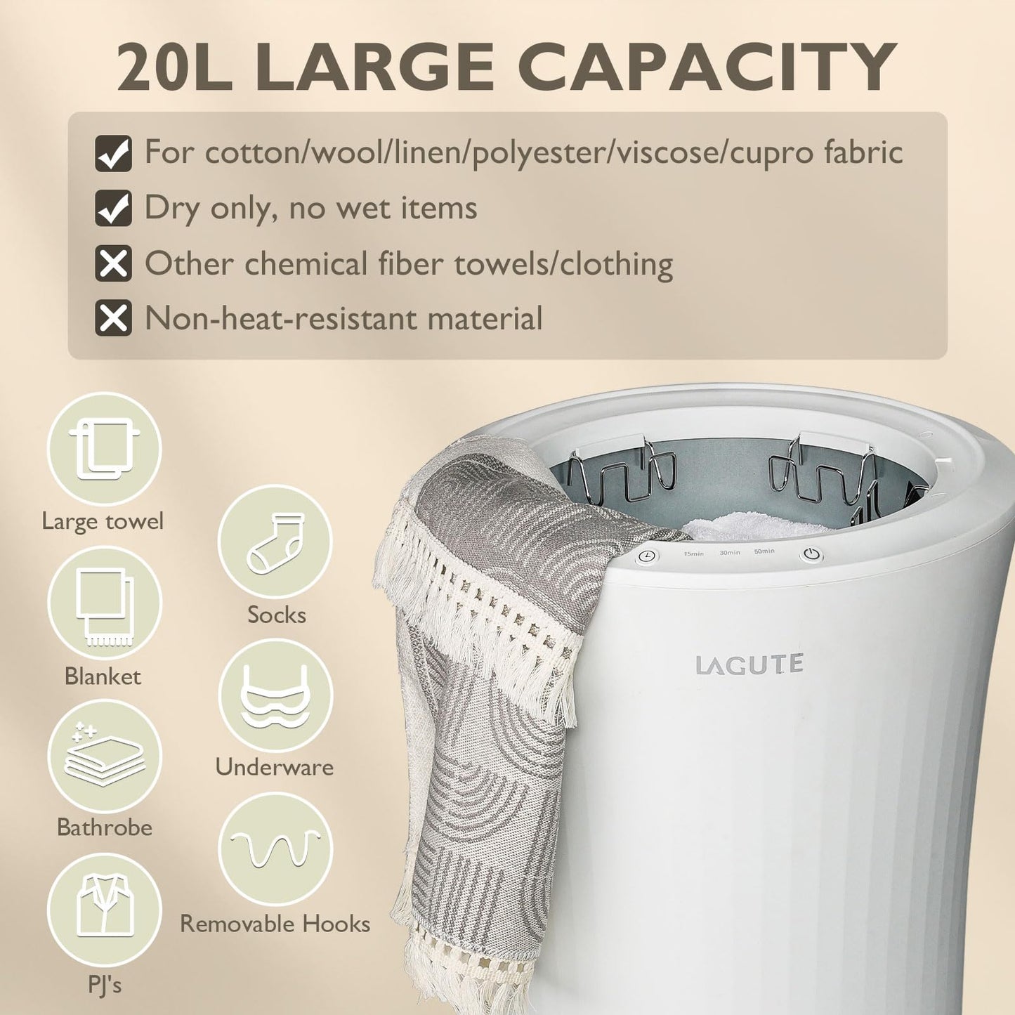 Lagute iSnug Towel Warmer for Bathroom, with 3-Level Timer, Warning Alarm & RGB Light, Auto Shut-Off, 5.3 Gal Heating Bucket for Bathrobe, Blanket, Ideal for Gifts