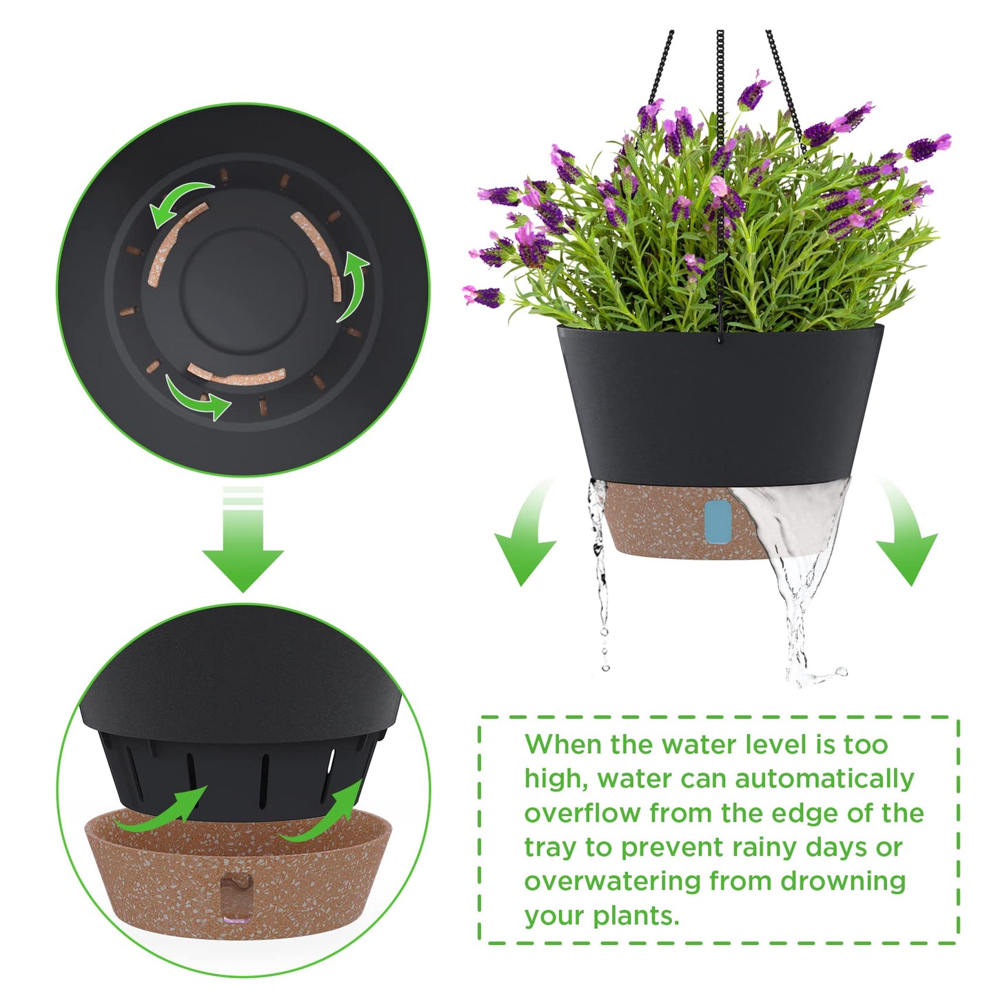 SOSMAR 2 Pack Hanging Planters, 10 Inch Hanging Pots with Visible Water Level, 6 Pcs Hooks, Decorative Flower Pot Holder with Drainage for Indoor Outdoor Use