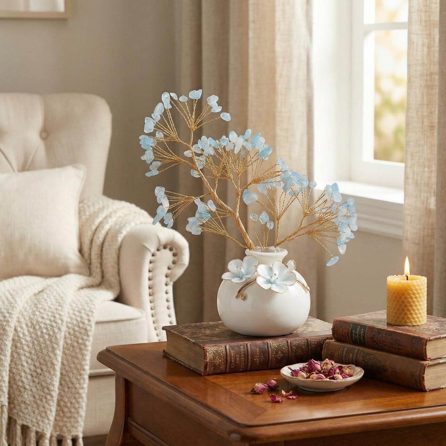 Aquamarine Crystal Tree of Life Decor, Large Chinoiserie Crystal Tree with Ceramic Vase and Gift Box, Blue Healing Money Feng Shui Tree Luck Reiki Balancing Energy Decoration for Women Men Gifts