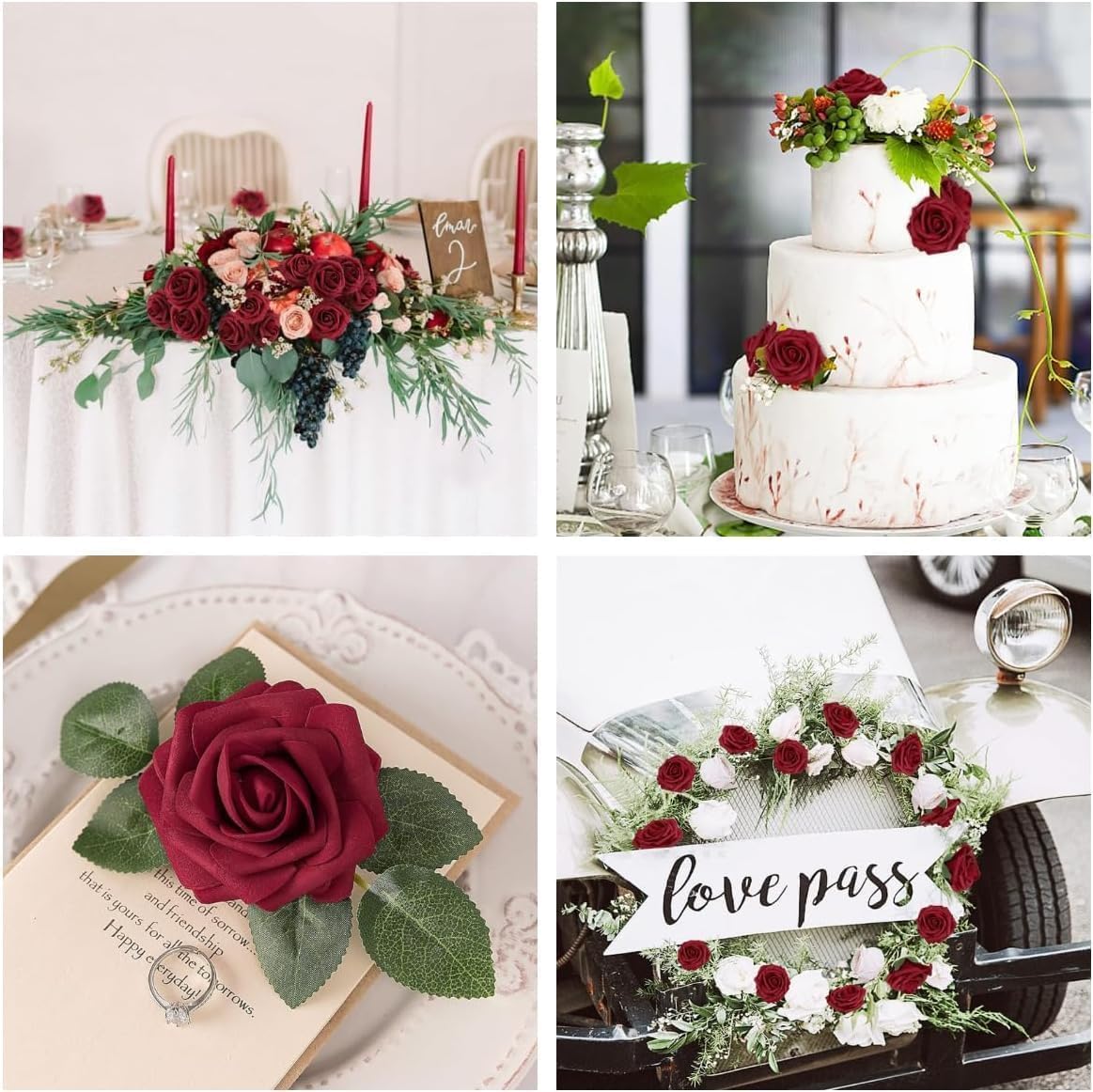 N&T NIETING Artificial Flowers Roses, 25Pcs Red Foam Roses Real Touch Roses with Stems Fake Flowers for Wedding Bridal Bouquets Centerpieces Floral Arrangement Party Home Decoration, Dark Red