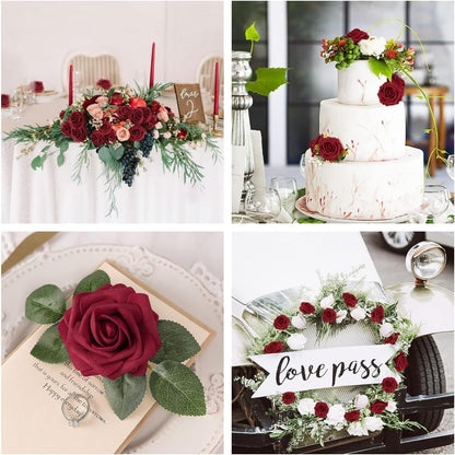 N&T NIETING Artificial Flowers Roses, 25Pcs Red Foam Roses Real Touch Roses with Stems Fake Flowers for Wedding Bridal Bouquets Centerpieces Floral Arrangement Party Home Decoration, Dark Red