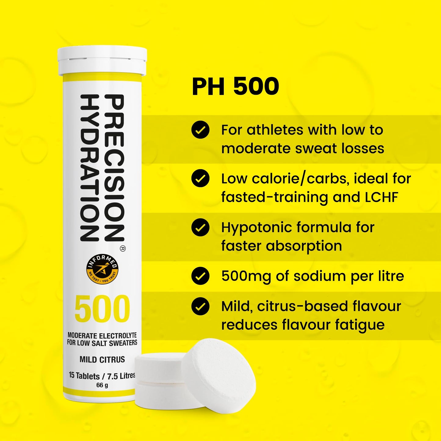 Precision Hydration Electrolyte Tablets - Multi Strength Effervescent Hydration Tablets - Combats Cramp - Low Calorie, Gluten Free, Vegan/Vegetarian Friendly(12 Tube, 500mg/L - Yellow Tube)
