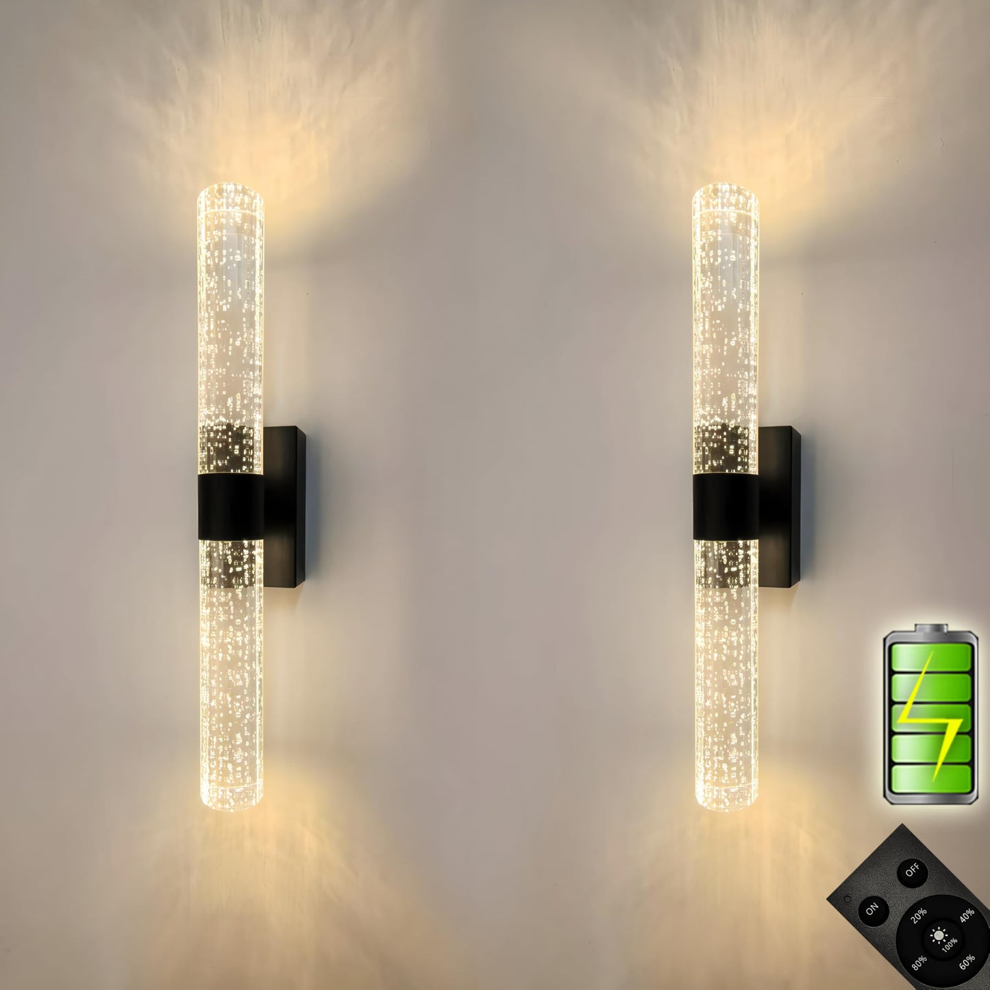 Battery Operated Crystal Wall Lights Rechargeable Set of 2 with Remote | Narrow Base Wireless Bubble Crystal Rod Wall Sconces Vanity Lights for Bathroom Bedroom Living Room (2 Pack, Black, 15.5'')