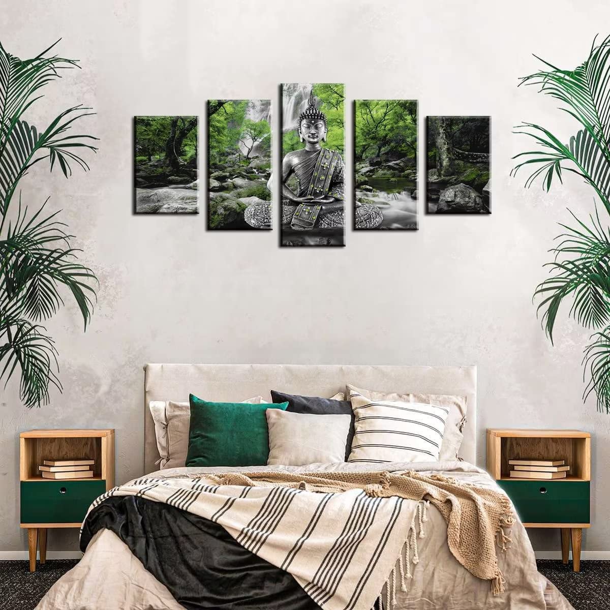 AWLXPHY Decor Buddha Wall Art Canvas Painting Framed 5 Panels for Living Room Decoration Modern Landscape Buddha Waterfall Trees Zen Stretched Artwork Giclee (Green, 40"x20")
